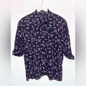 Vintage 80s Ralph Lauren Tie Neck Button Down Blouse Floral Blue Print 8